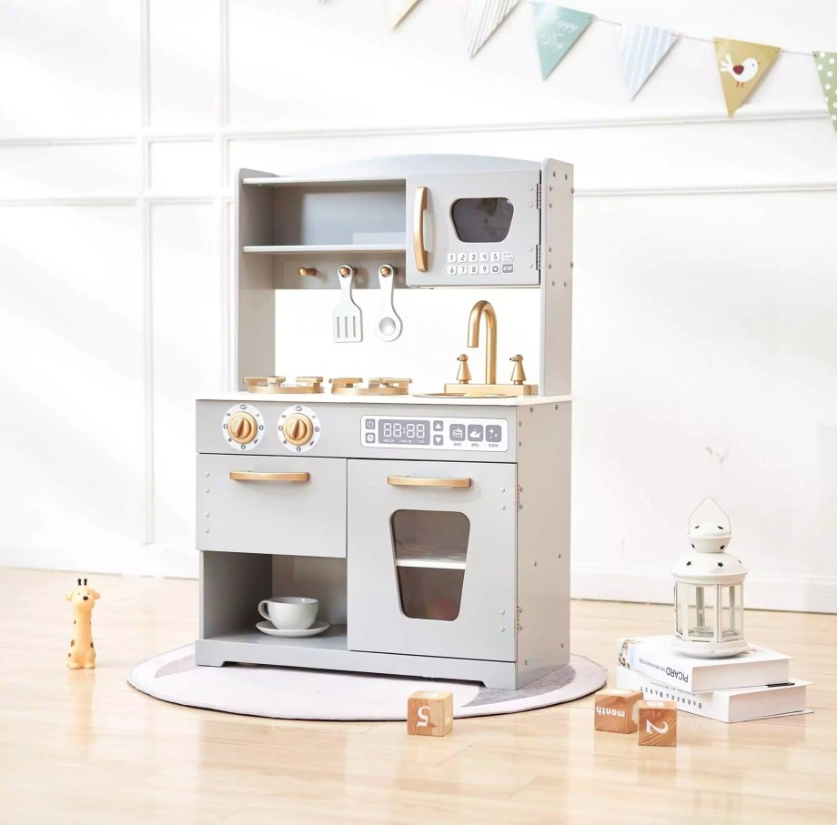 Playtime Hooga Playroom Role Play | Kids Wooden Country Play Kitchen - Grey/Gold