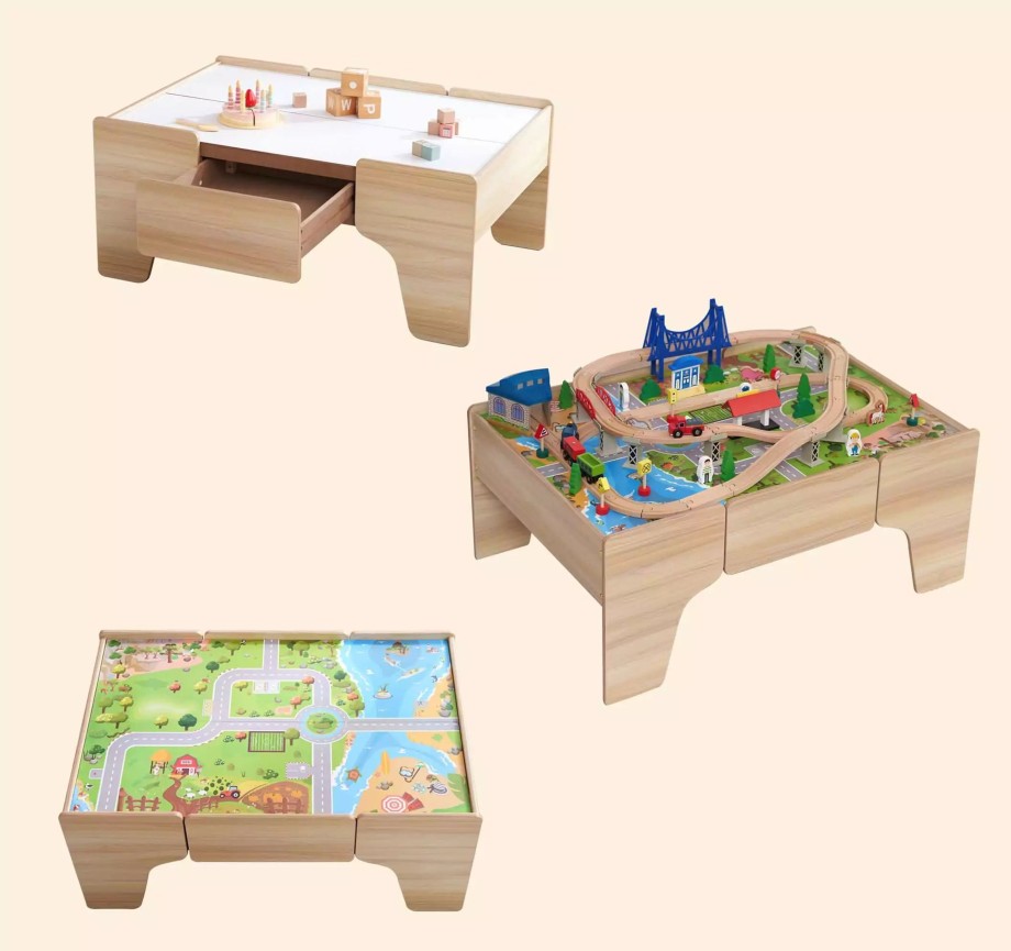 Nursery Hooga Playroom Tables & Chairs | Wooden Train Set Table For Kids - 80 Piece Railway Activity Playset