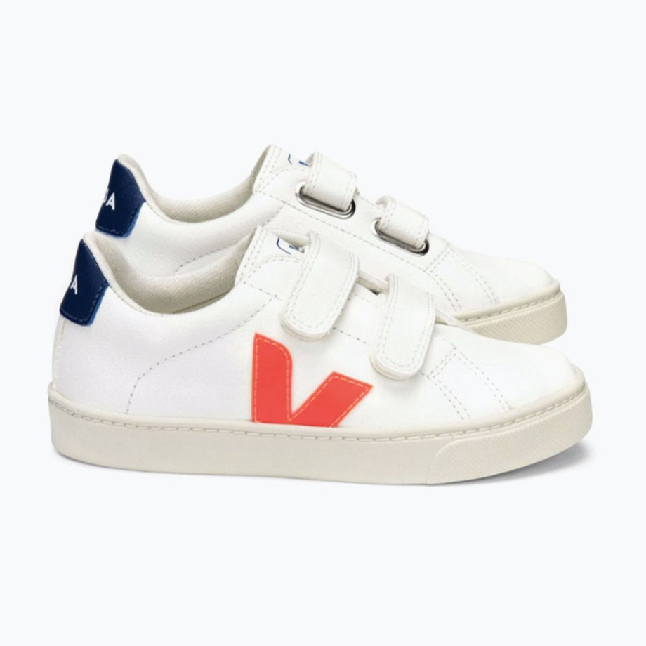 Clothing & Shoes Veja Shoes & Trainers | Veja V-12 Leather Esplar Velcro Trainers - Chrome Free White Orange Fluo