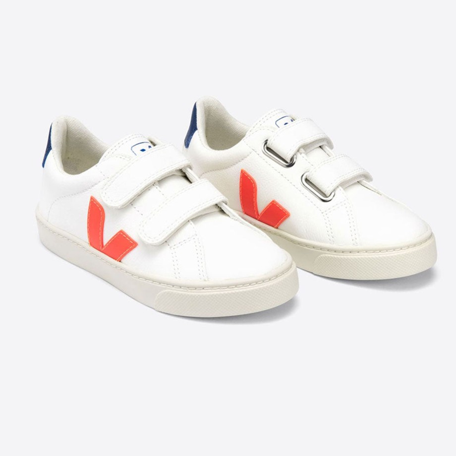 Clothing & Shoes Veja Shoes & Trainers | Veja V-12 Leather Esplar Velcro Trainers - Chrome Free White Orange Fluo