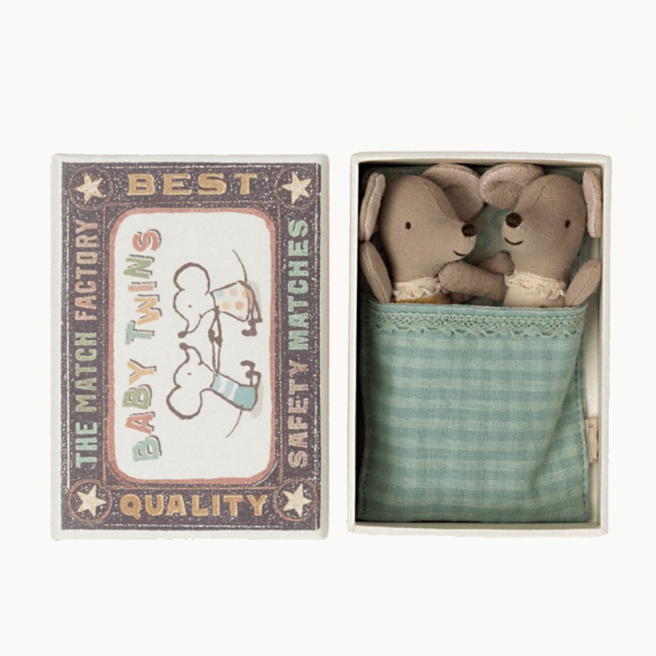 Playtime Maileg Role Play | Maileg Baby Mouse Twins In Matchbox - Boxed With Bedding