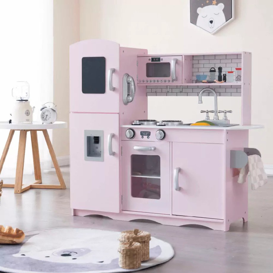 Playtime Signature Role Play | Deluxe Pink Wooden Play Kitchen (With 10 Utensils) - Pink