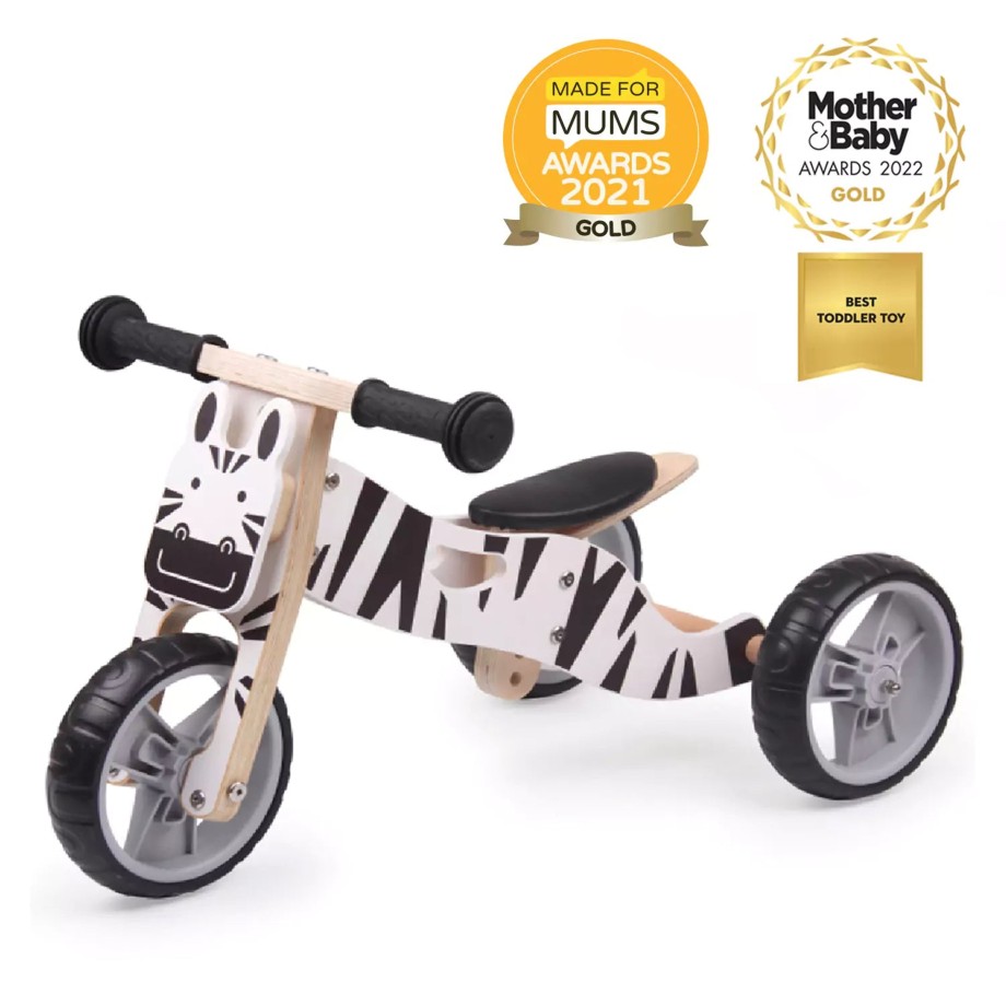 Playtime Hooga Playroom Bikes & Trikes | 2 In 1 Wooden Balance Bike & Trike - Zebra