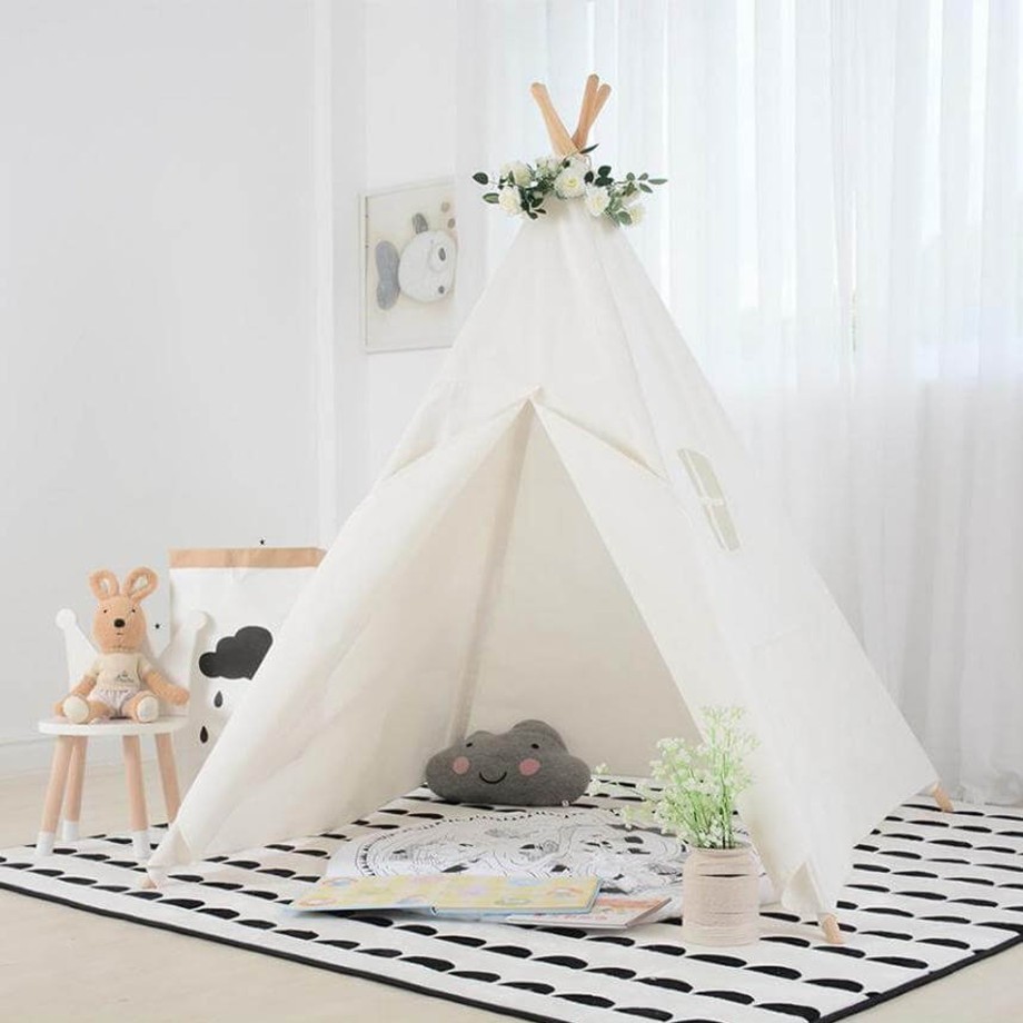 Nursery Hooga Playroom Nursery Cushions & Tents | Hooga Kids Teepee Play Tent Canvas Play House - White